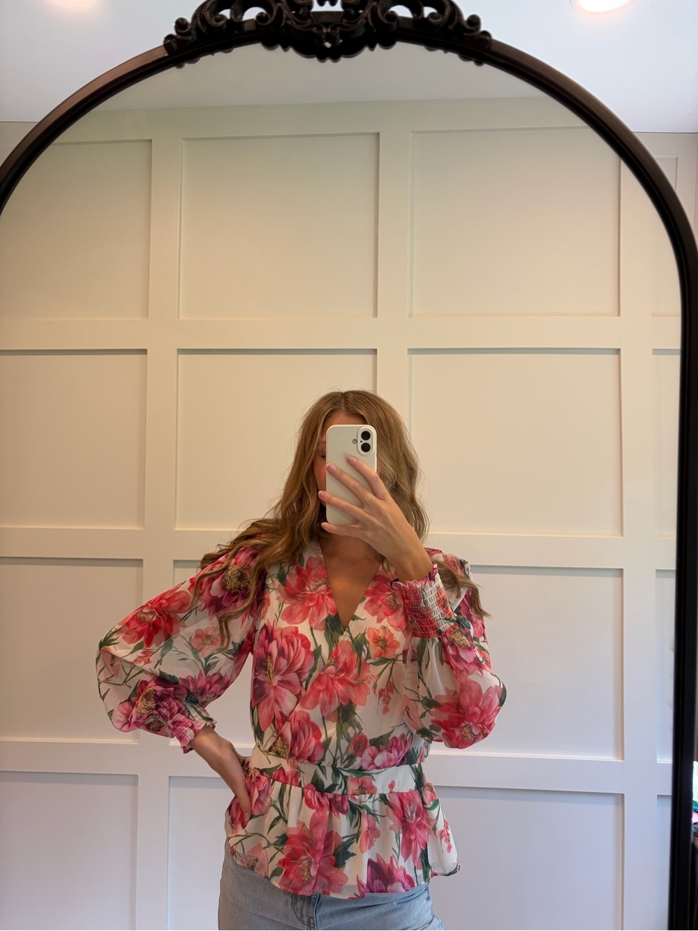 Express Floral Wrap-Style Blouse in Pink & Green